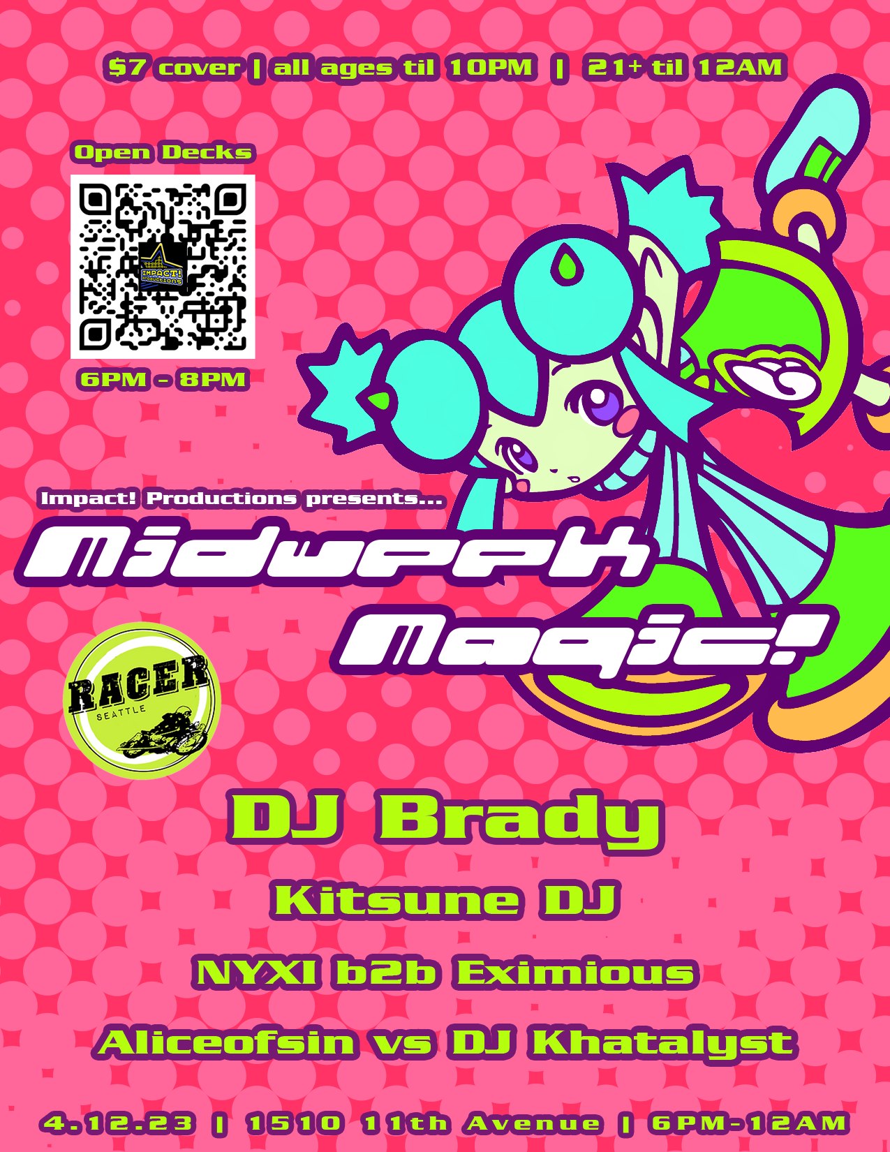 MIDWEEK MAGIC 4-12-23 WITH DJ Brady! AT CAFE RACER BY IMPACT! PRODUCTIONS SEATTLE POST FLYER