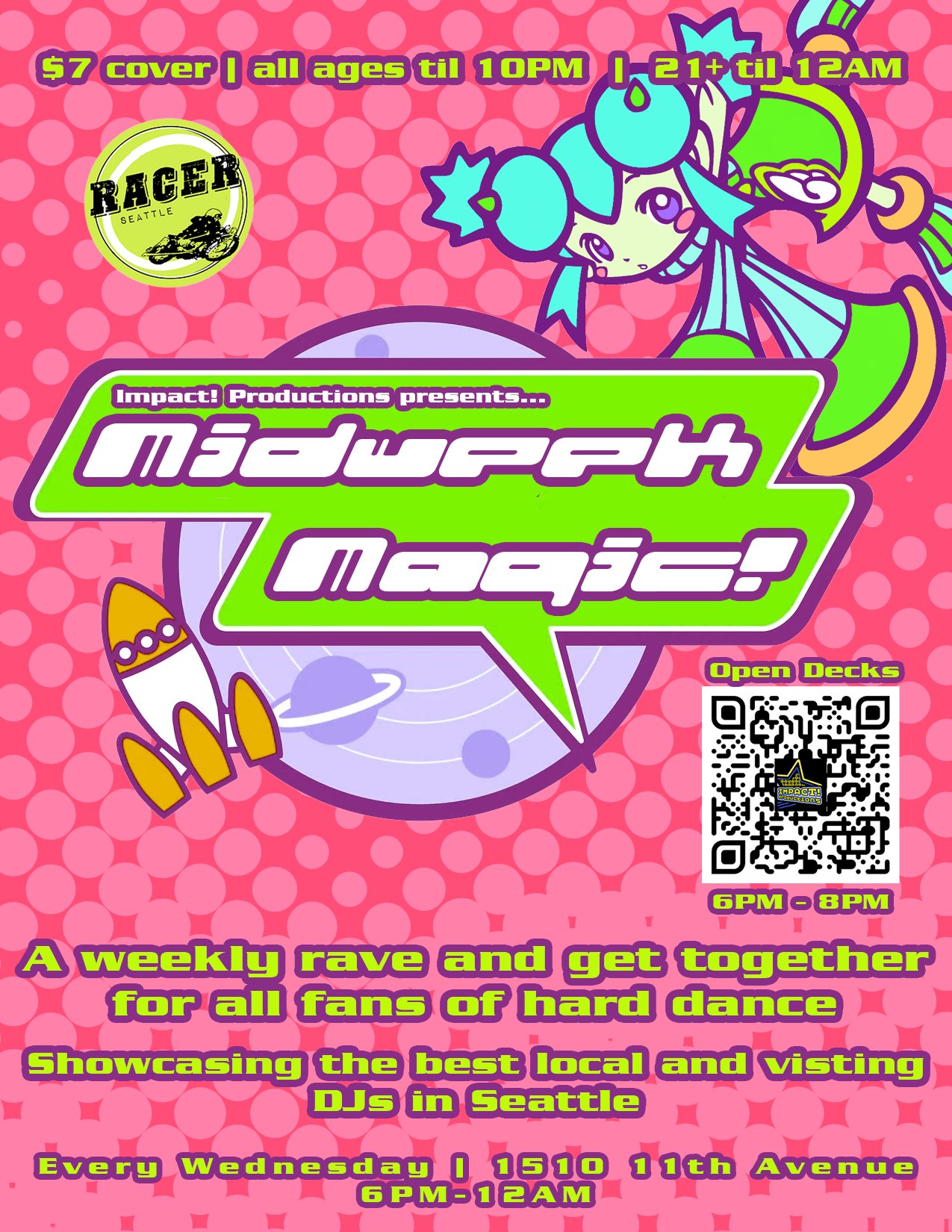 MIDWEEK MAGIC 5-10-23 AT CAFE RACER BY IMPACT! PRODUCTIONS SEATTLE POSTER FLYER