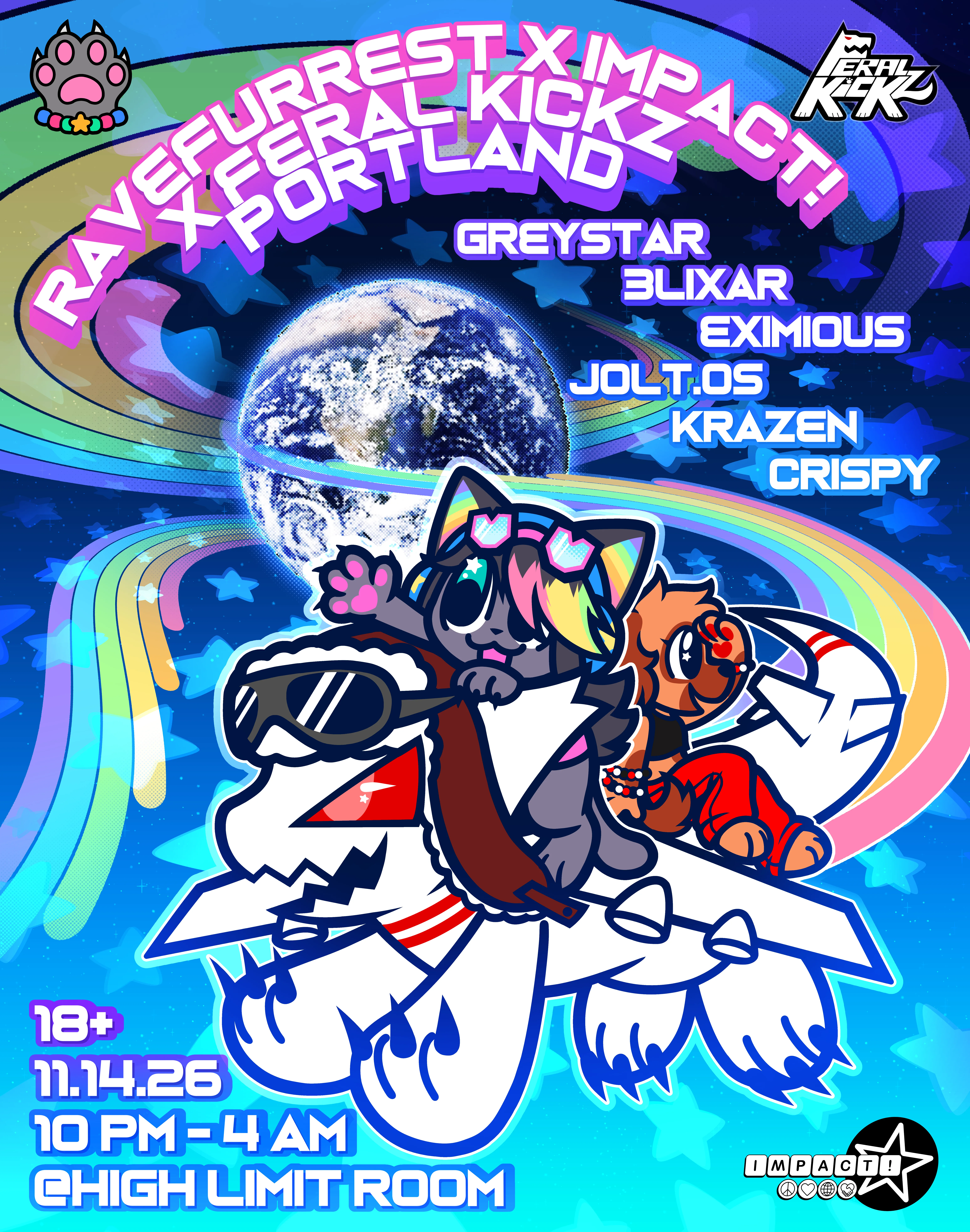 Ravefurrest x Impact! x Feral Kickz — official Impact! Foundation event poster